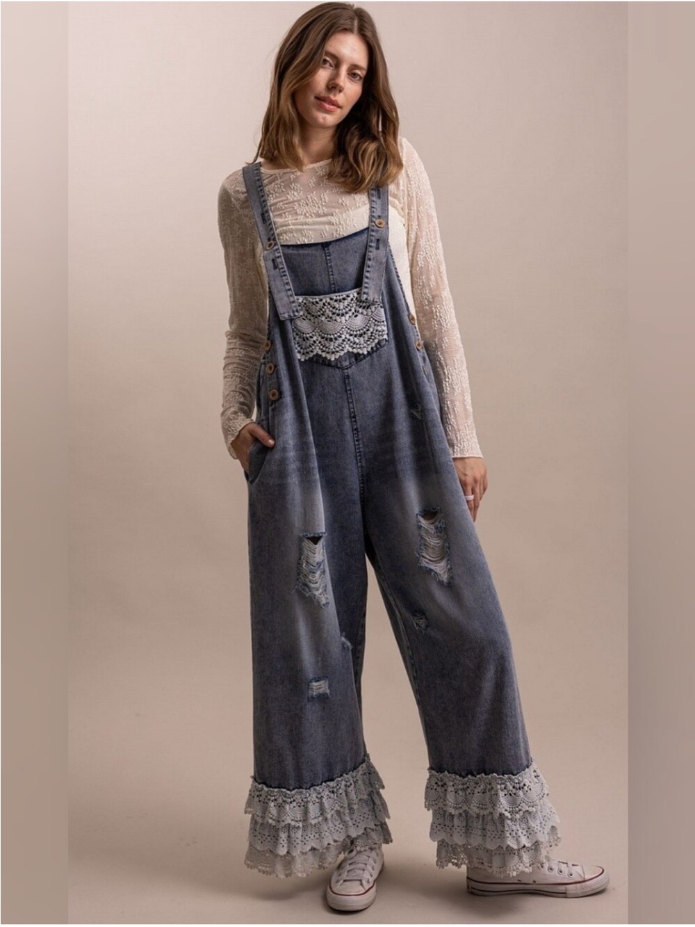 New: Blue Velvet Vintage Wash Lace Ruffle Hem Denim Wide Leg Overalls• Medium